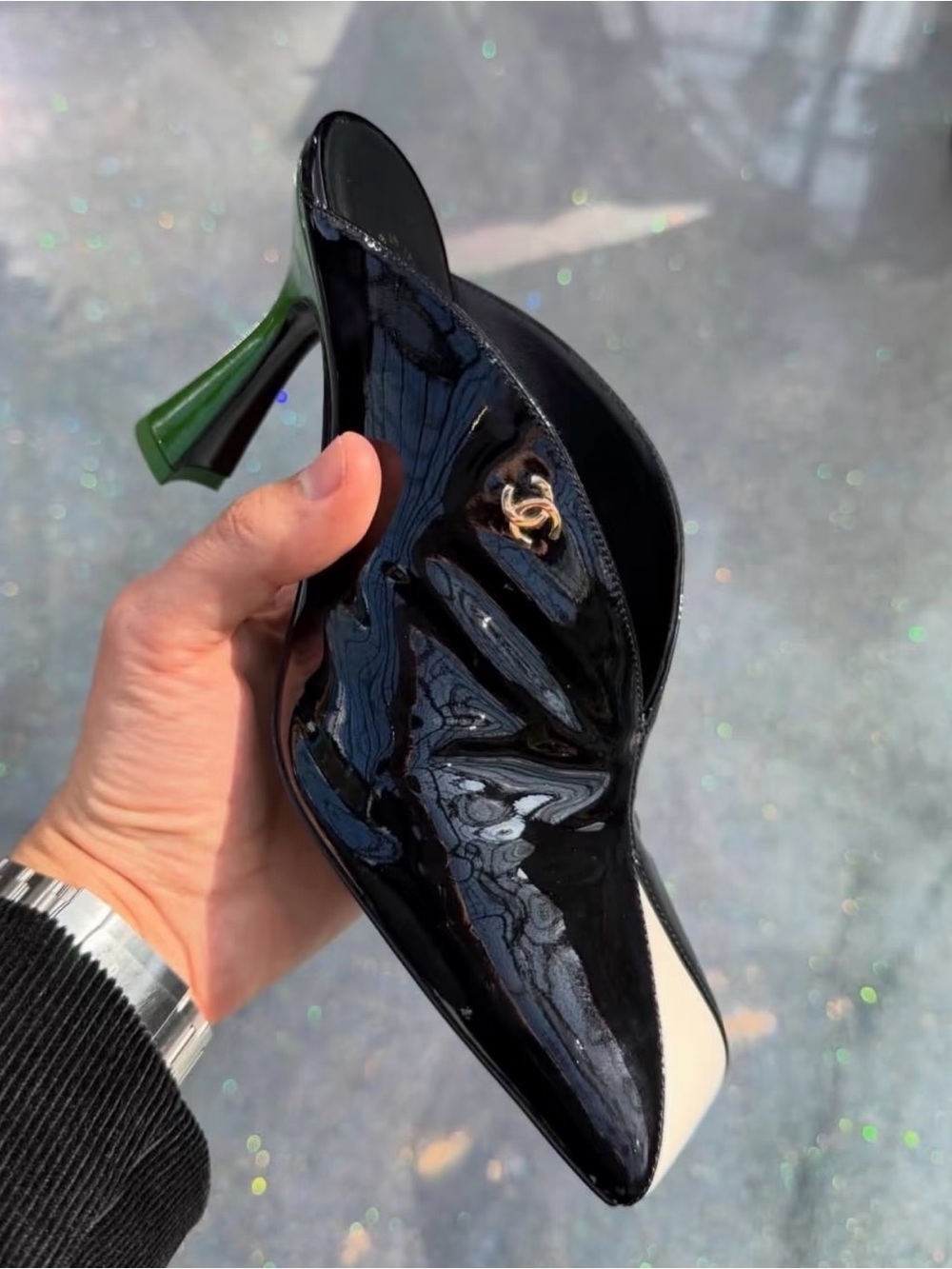 CHANEL Black Patent Slip-On Heel with Green Heel and Gold Logo